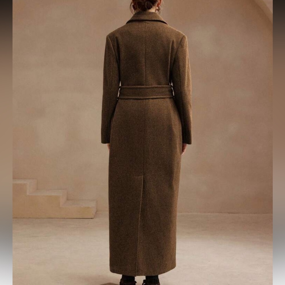 Luxury Long Pea Coat Belted Jacket dark Brown - Picture 5 of 13